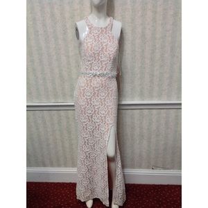 White & Nude Lace Bedazzled Prom Dress